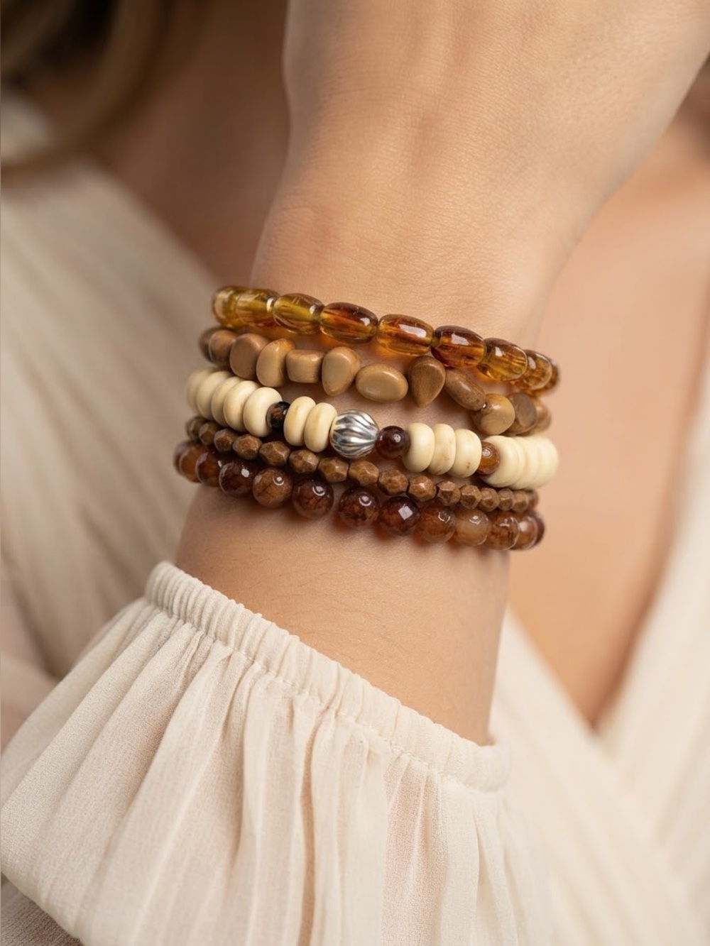 5-Piece Beaded Stretch Bracelet Set | Brown Wood Cream Amber Lucite Boho